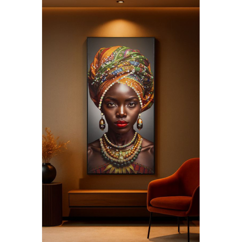 Grande Toile murale Femme africaine avec strass Cadre noir 60x120 Finition laquée Maya 