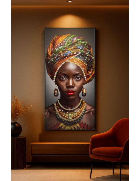 Grande Toile murale Femme africaine avec strass Cadre noir 60x120 Finition laquée Maya 