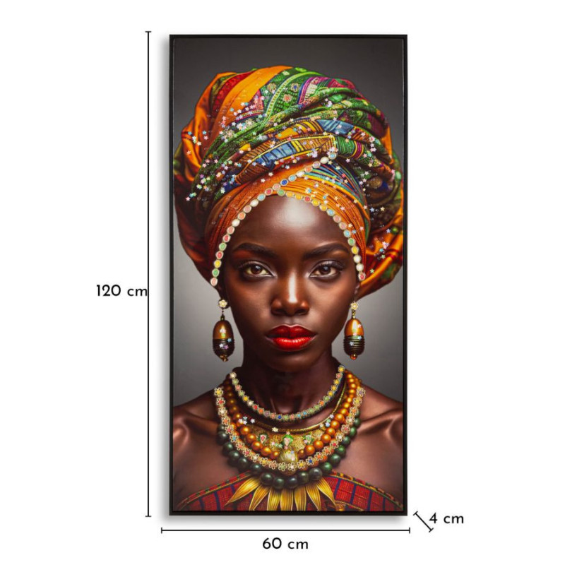Grande Toile murale Femme africaine avec strass Cadre noir 60x120 Finition laquée Maya 