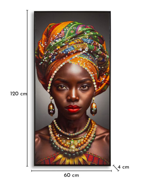 Grande Toile murale Femme africaine avec strass Cadre noir 60x120 Finition laquée Maya 