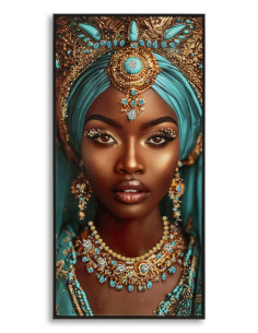 Grande Toile murale Femme africaine avec strass Cadre noir 50x100 Finition laquée Maya 