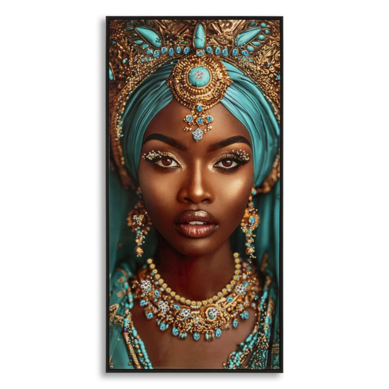 Grande Toile murale Femme africaine avec strass Cadre noir 50x100 Finition laquée Maya 