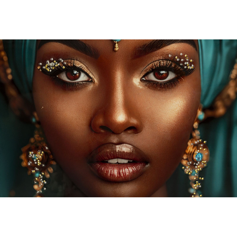 Grande Toile murale Femme africaine avec strass Cadre noir 50x100 Finition laquée Maya 