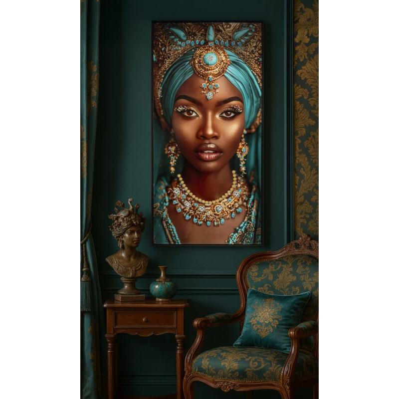 Grande Toile murale Femme africaine avec strass Cadre noir 50x100 Finition laquée Maya 