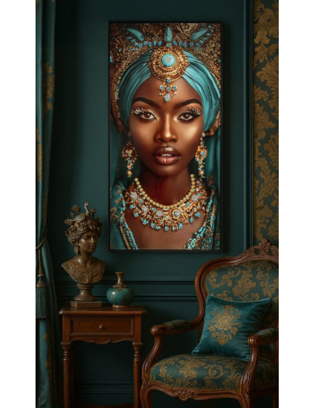 Grande Toile murale Femme africaine avec strass Cadre noir 50x100 Finition laquée Maya 