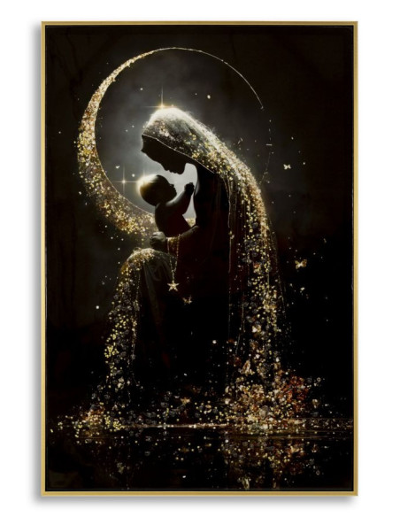 Toile murale style spirituel Femme & Enfant avec strass Cadre doré 60x90 Finition laquée Maternity A 