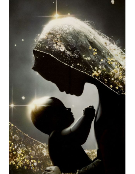 Toile murale style spirituel Femme & Enfant avec strass Cadre doré 60x90 Finition laquée Maternity A 