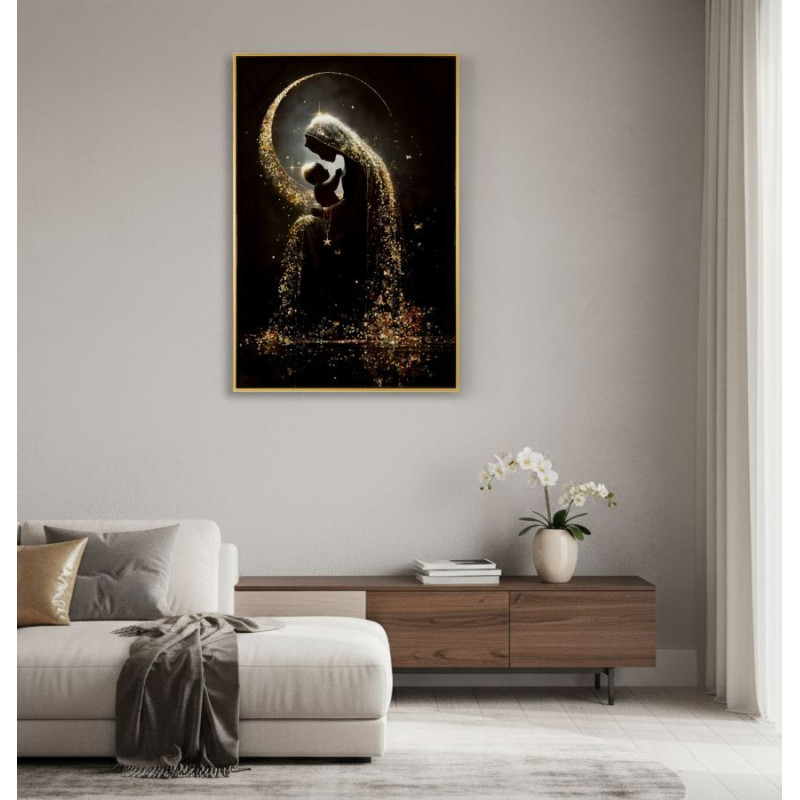 Toile murale style spirituel Femme & Enfant avec strass Cadre doré 60x90 Finition laquée Maternity A 