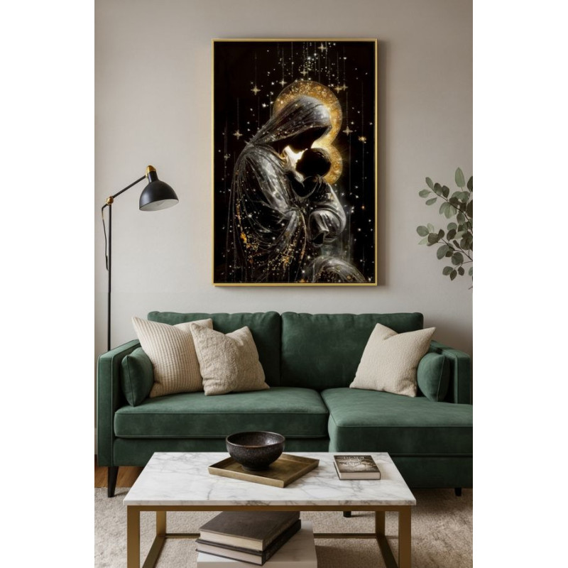 Toile murale style spirituel Femme & Enfant avec strass Cadre doré 60x90 Finition laquée Maternity B 