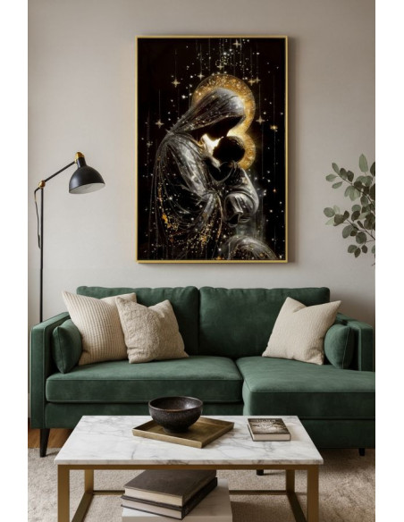 Toile murale style spirituel Femme & Enfant avec strass Cadre doré 60x90 Finition laquée Maternity B 