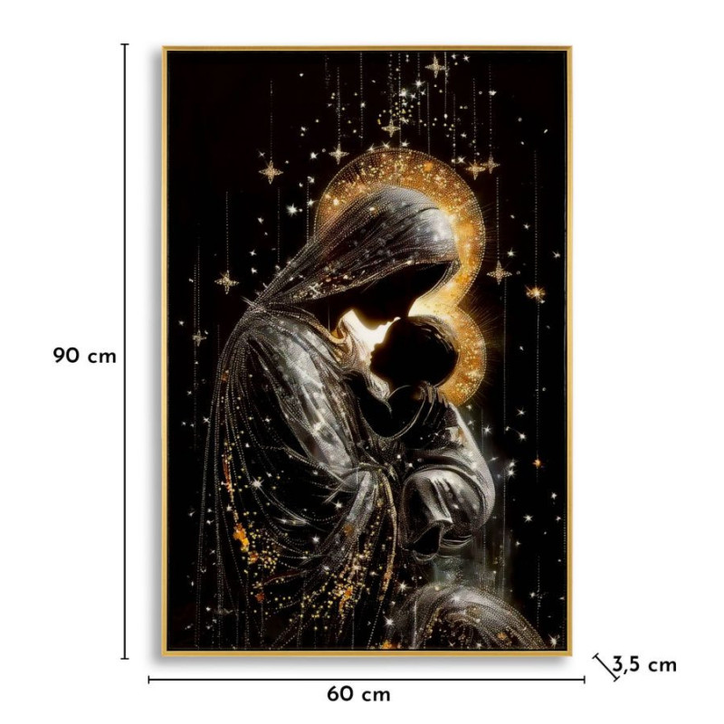 Toile murale style spirituel Femme & Enfant avec strass Cadre doré 60x90 Finition laquée Maternity B 