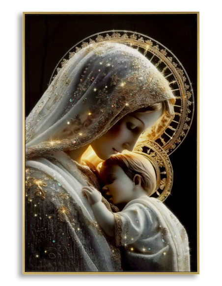 Toile murale style spirituel Femme & Enfant avec strass Cadre doré 60x90 Finition laquée Maternity C 