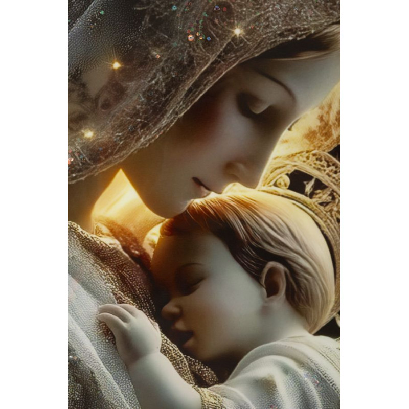 Toile murale style spirituel Femme & Enfant avec strass Cadre doré 60x90 Finition laquée Maternity C 