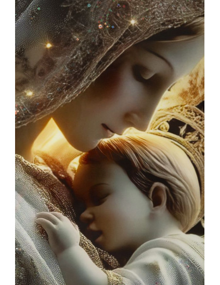 Toile murale style spirituel Femme & Enfant avec strass Cadre doré 60x90 Finition laquée Maternity C 