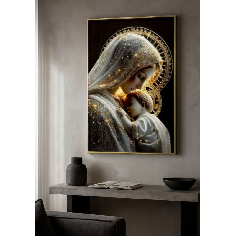 Toile murale style spirituel Femme & Enfant avec strass Cadre doré 60x90 Finition laquée Maternity C 