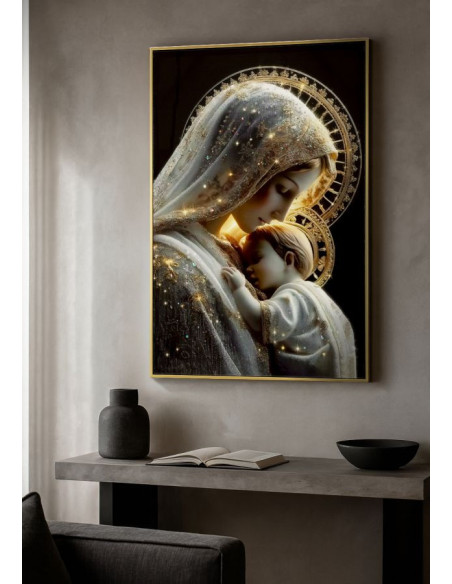 Toile murale style spirituel Femme & Enfant avec strass Cadre doré 60x90 Finition laquée Maternity C 
