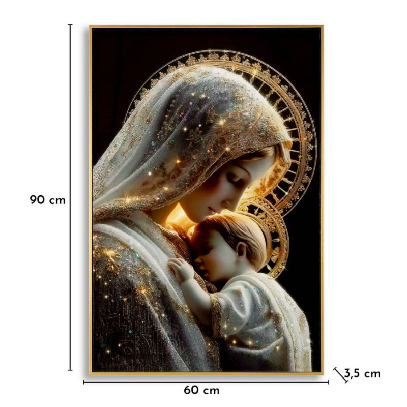 Toile murale style spirituel Femme & Enfant avec strass Cadre doré 60x90 Finition laquée Maternity C 