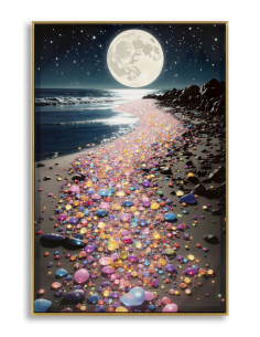 Toile murale Plage nocturne avec strass Cadre doré 60x90 Finition laquée Colors A 
