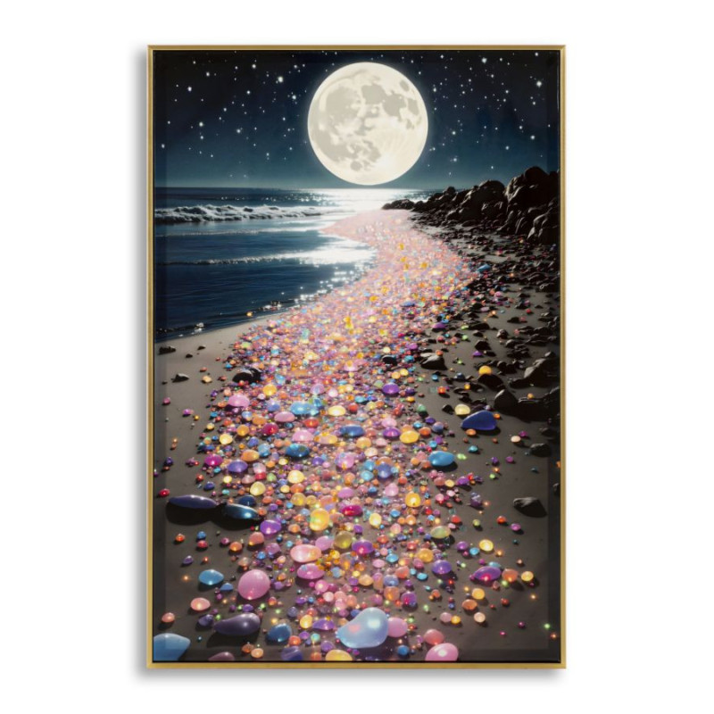 Toile murale Plage nocturne avec strass Cadre doré 60x90 Finition laquée Colors A 