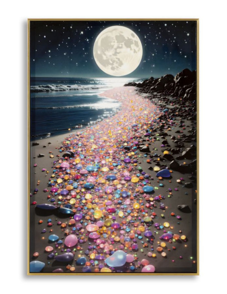Toile murale Plage nocturne avec strass Cadre doré 60x90 Finition laquée Colors A 