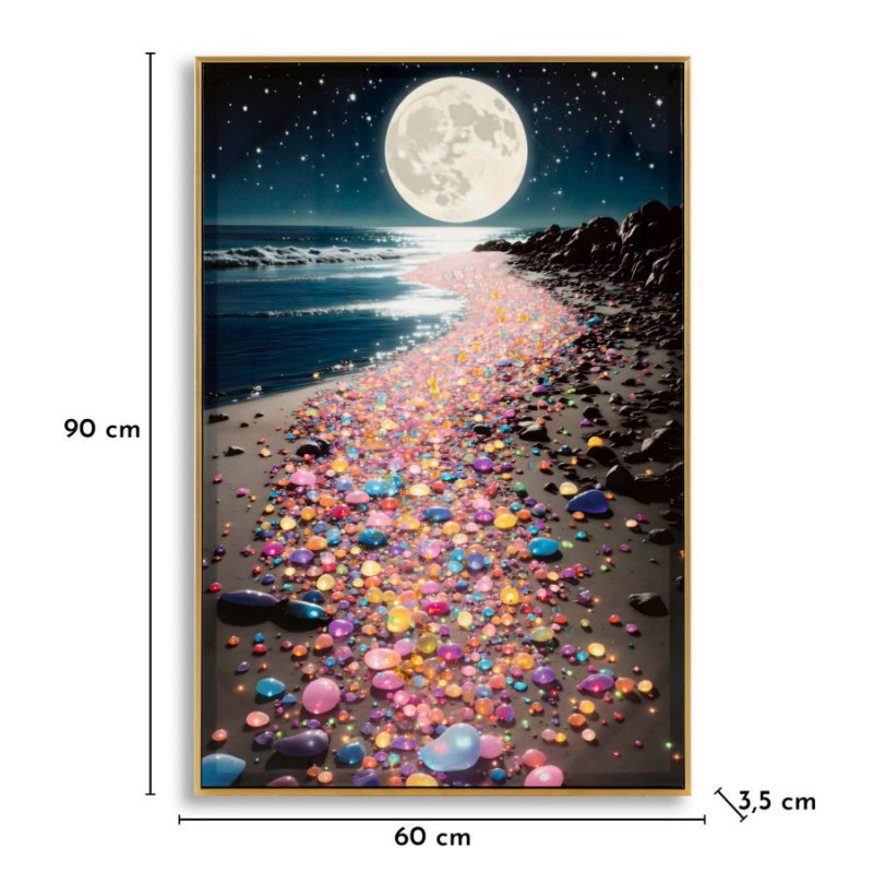 Toile murale Plage nocturne avec strass Cadre doré 60x90 Finition laquée Colors A 