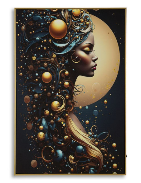 Toile murale lumineuse LED Femme africaine Cadre doré 60x90 Finition laquée Minerva A 