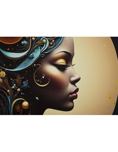 Toile murale lumineuse LED Femme africaine Cadre doré 60x90 Finition laquée Minerva A 