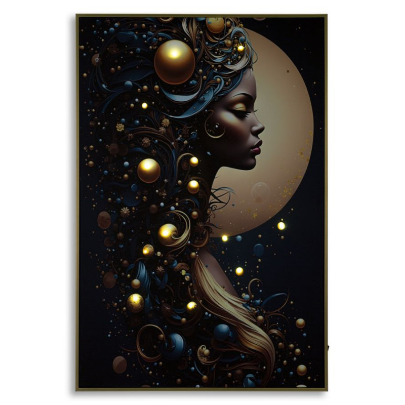 Toile murale lumineuse LED Femme africaine Cadre doré 60x90 Finition laquée Minerva A 