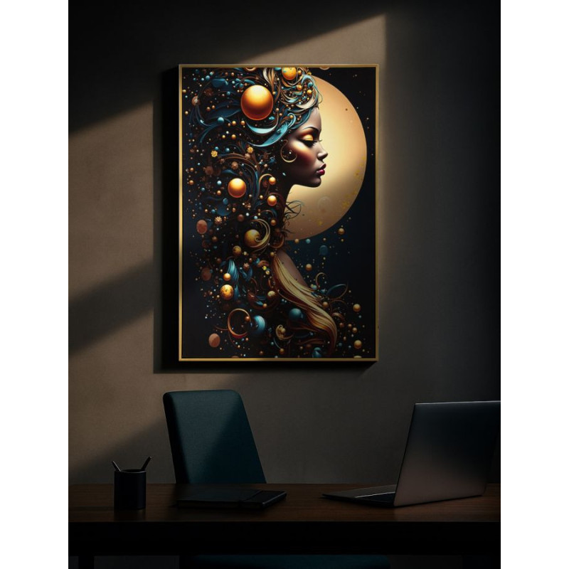 Toile murale lumineuse LED Femme africaine Cadre doré 60x90 Finition laquée Minerva A 