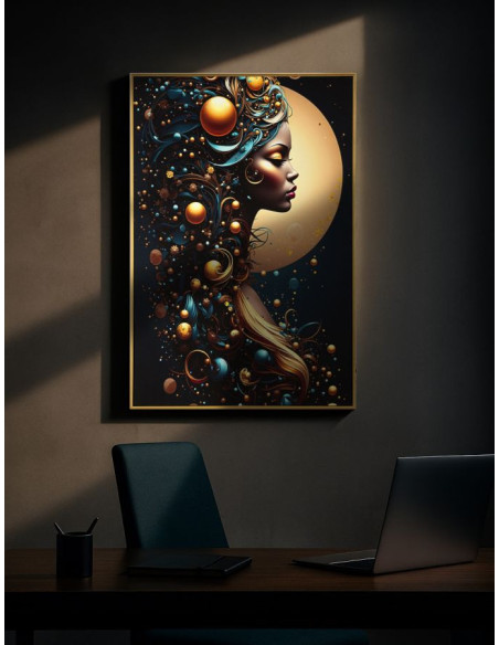 Toile murale lumineuse LED Femme africaine Cadre doré 60x90 Finition laquée Minerva A 