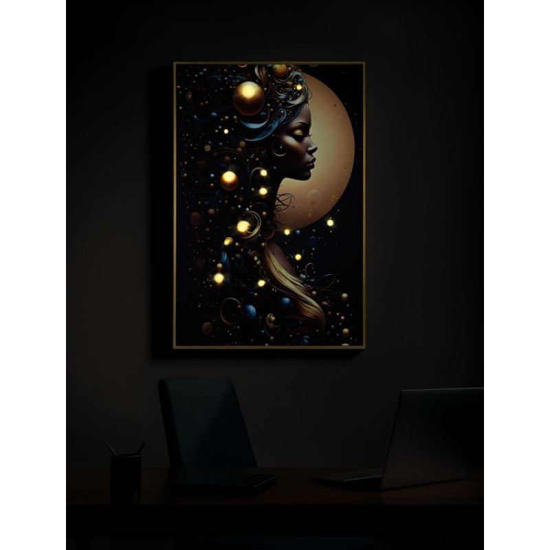 Toile murale lumineuse LED Femme africaine Cadre doré 60x90 Finition laquée Minerva A 