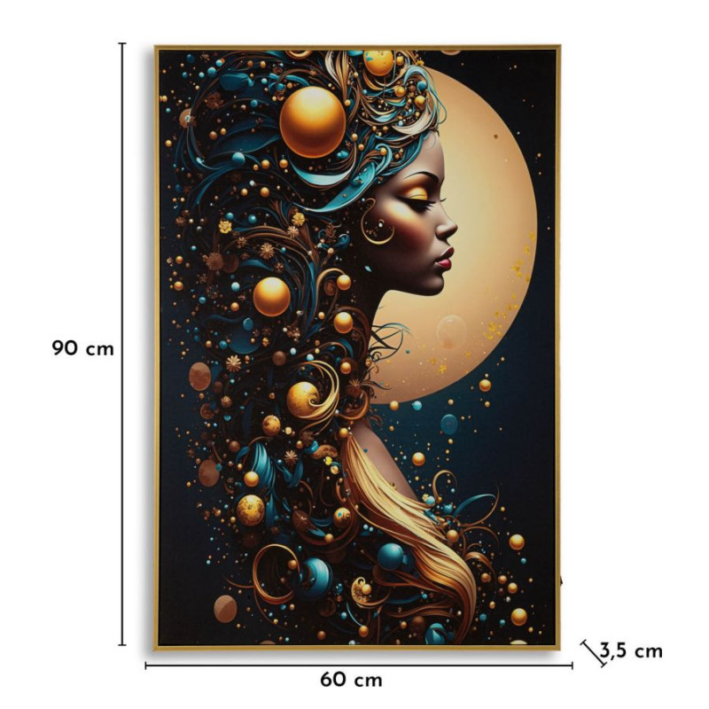 Toile murale lumineuse LED Femme africaine Cadre doré 60x90 Finition laquée Minerva A 