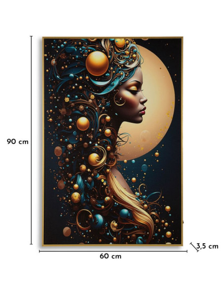 Toile murale lumineuse LED Femme africaine Cadre doré 60x90 Finition laquée Minerva A 