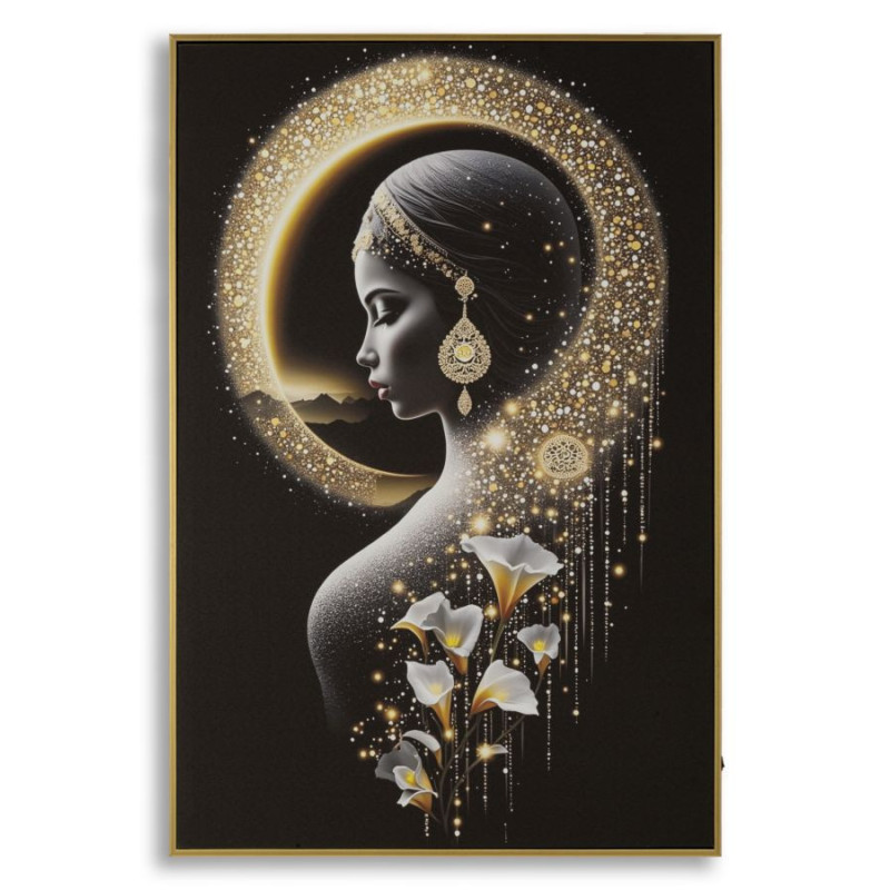 Toile murale lumineuse LED Femme mystique Cadre doré 60x90 Finition laquée Inda 