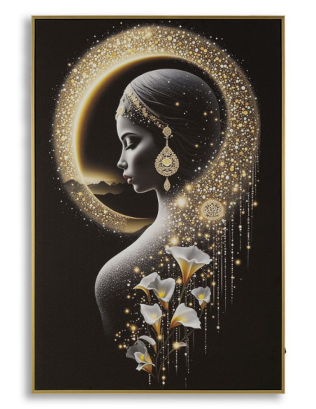 Toile murale lumineuse LED Femme mystique Cadre doré 60x90 Finition laquée Inda 