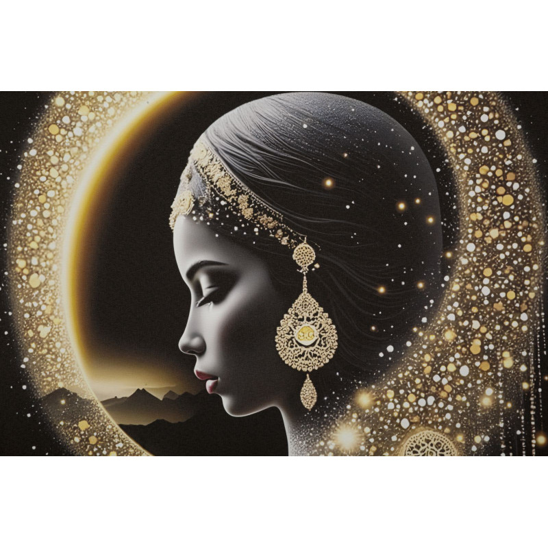 Toile murale lumineuse LED Femme mystique Cadre doré 60x90 Finition laquée Inda 