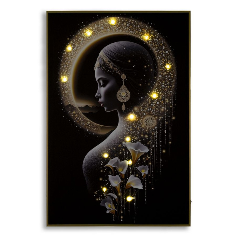 Toile murale lumineuse LED Femme mystique Cadre doré 60x90 Finition laquée Inda 