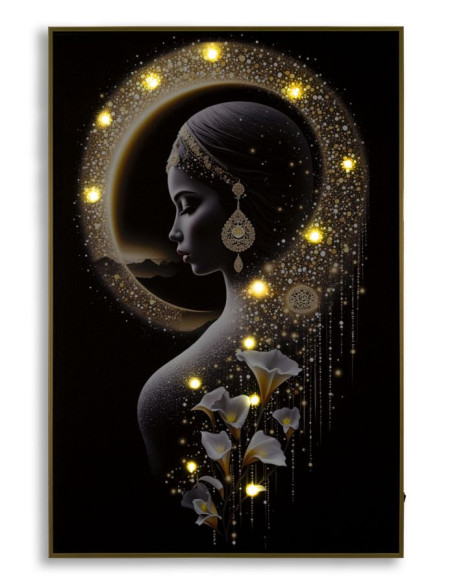 Toile murale lumineuse LED Femme mystique Cadre doré 60x90 Finition laquée Inda 