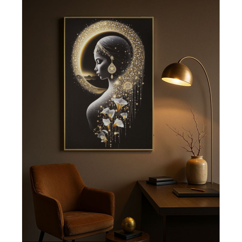 Toile murale lumineuse LED Femme mystique Cadre doré 60x90 Finition laquée Inda 