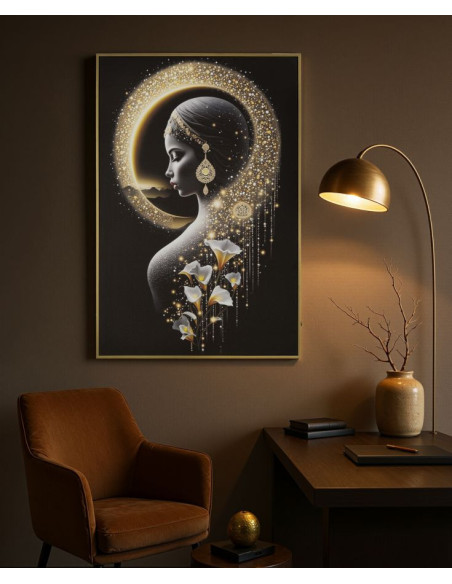 Toile murale lumineuse LED Femme mystique Cadre doré 60x90 Finition laquée Inda 