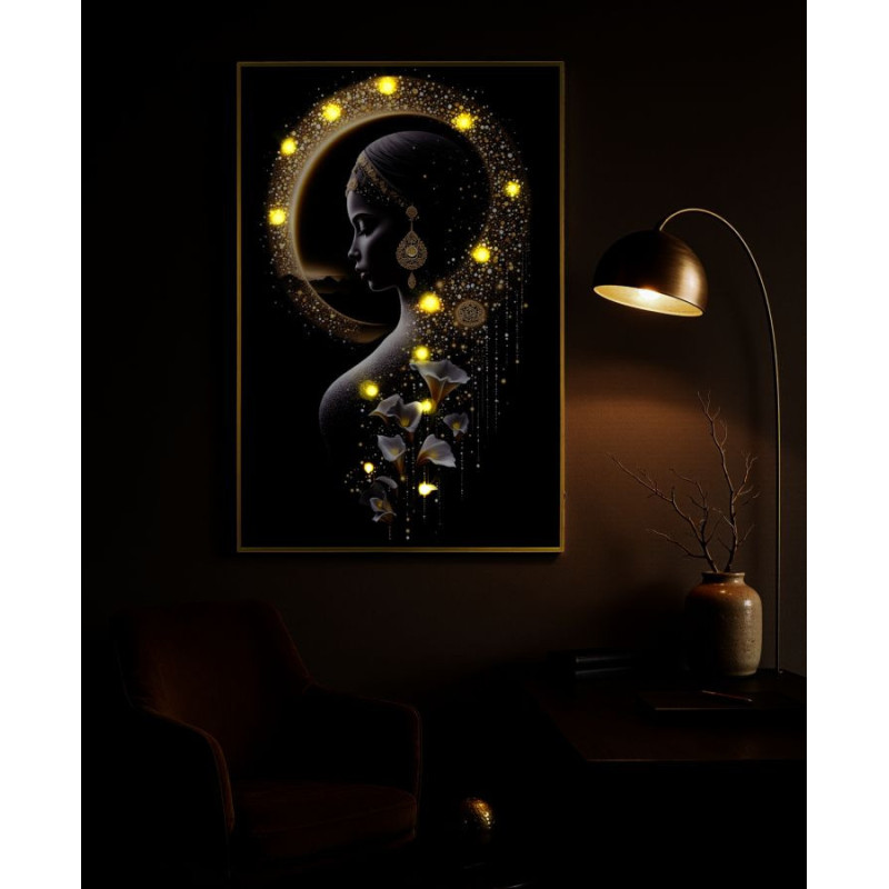 Toile murale lumineuse LED Femme mystique Cadre doré 60x90 Finition laquée Inda 