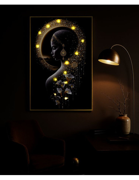 Toile murale lumineuse LED Femme mystique Cadre doré 60x90 Finition laquée Inda 