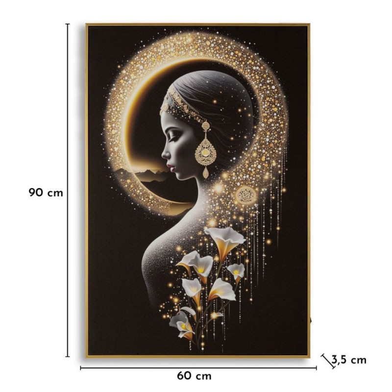 Toile murale lumineuse LED Femme mystique Cadre doré 60x90 Finition laquée Inda 