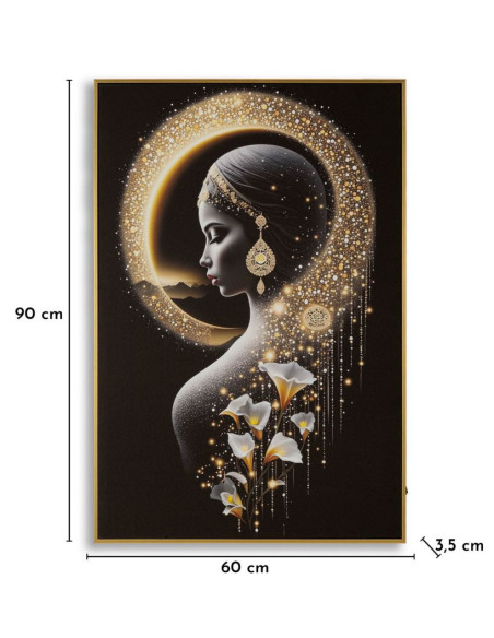 Toile murale lumineuse LED Femme mystique Cadre doré 60x90 Finition laquée Inda 