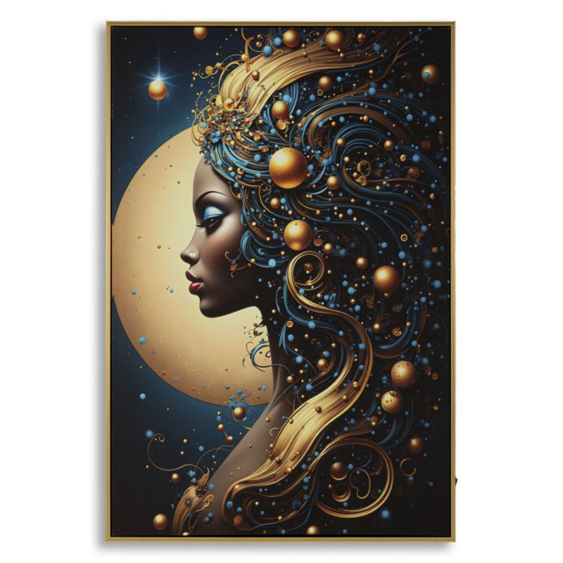 Toile murale lumineuse LED Femme africaine Cadre doré 60x90 Finition laquée Minerva B 