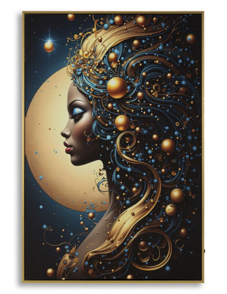 Toile murale lumineuse LED Femme africaine Cadre doré 60x90 Finition laquée Minerva B 