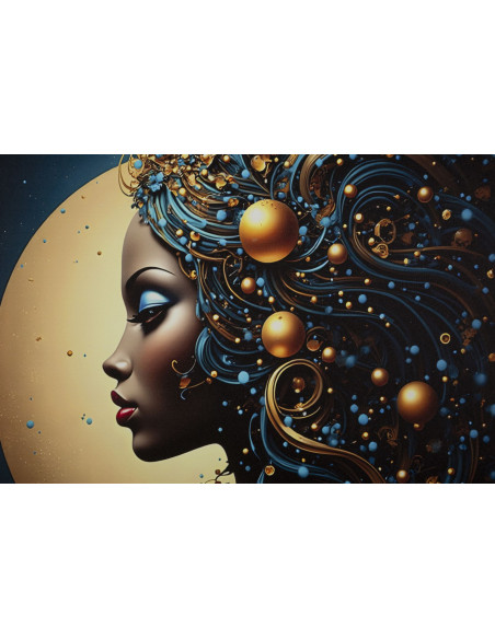 Toile murale lumineuse LED Femme africaine Cadre doré 60x90 Finition laquée Minerva B 