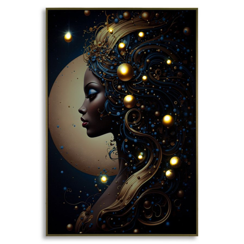 Toile murale lumineuse LED Femme africaine Cadre doré 60x90 Finition laquée Minerva B 