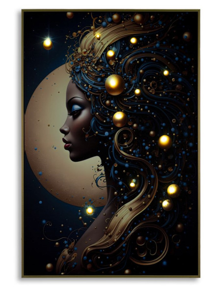 Toile murale lumineuse LED Femme africaine Cadre doré 60x90 Finition laquée Minerva B 