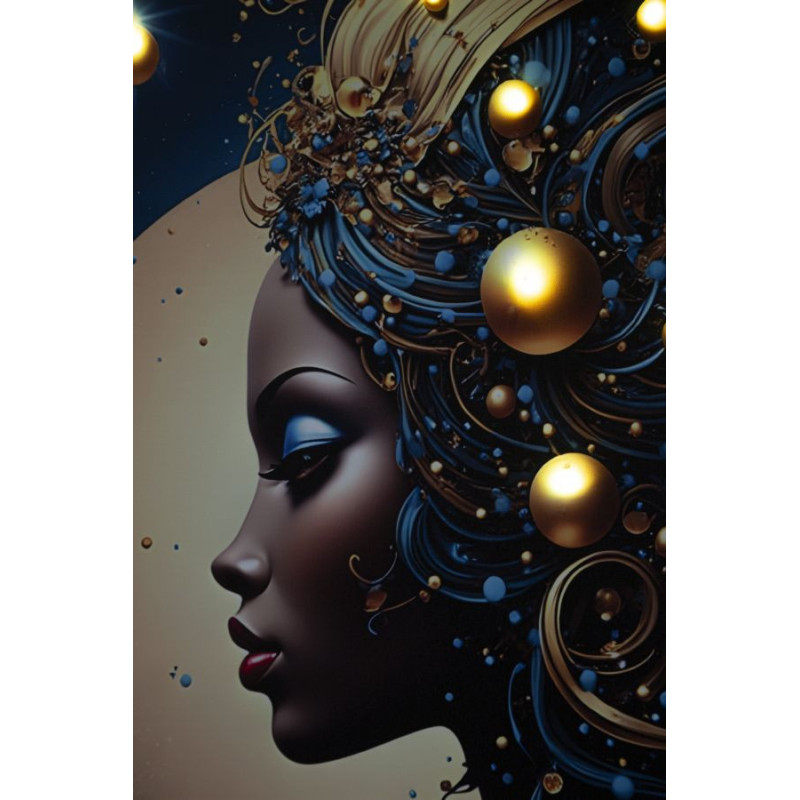 Toile murale lumineuse LED Femme africaine Cadre doré 60x90 Finition laquée Minerva B 